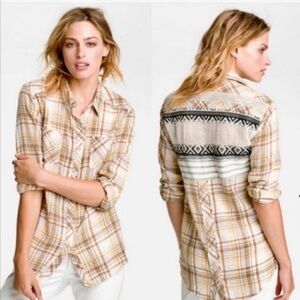 Free People We The Free Park Ranger‎ Plaid Patchwork Shirt Raw Edge M Boho
